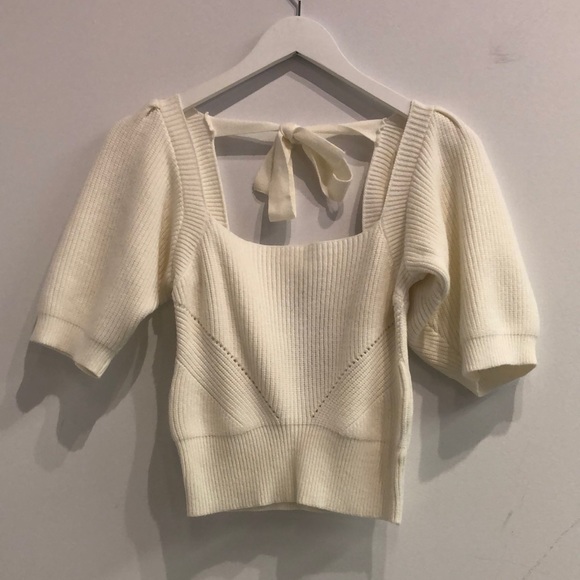 MINKPINK Vallerie Off White Tie-Back Puff-Sleeve Sweater - Picture 2 of 9